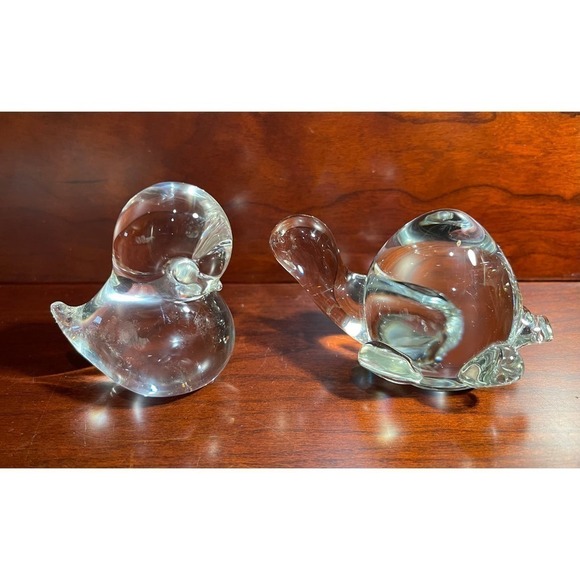 Set Of 2 Clear Art Glass Decorative Paperweights Turtle Tortoise and Bird Chick - Picture 1 of 6